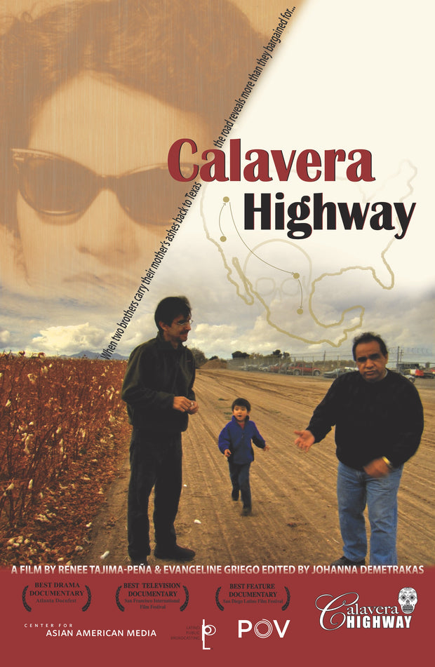Film poster for "Calavera Highway" with two men and child standing on a dirt road next to field.