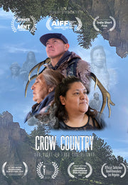 Film poster for "Crow Country: Our Right To Food Sovereignty" with 3 headshots in the center with light blue background.