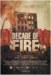 Film poster for "Decade of Fire" with black building in middle.
