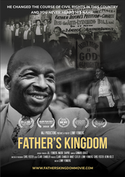 Film poster for "Father's Kingdom" with close up of man in black and white.