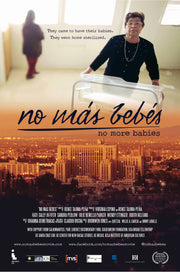 Film poster for "No Más Bebés" with woman holding bucket inside house and city skyline.
