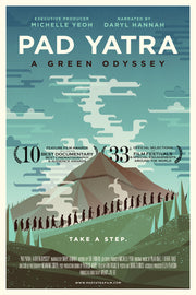 Film poster for "Pad Yatra - A Green Odyssey" with illustration of group of people walking through mountain.