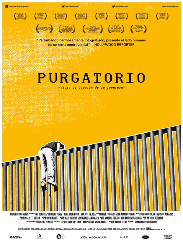 Film poster for "Purgatorio" with man hanging on top of barrier with yellow background.