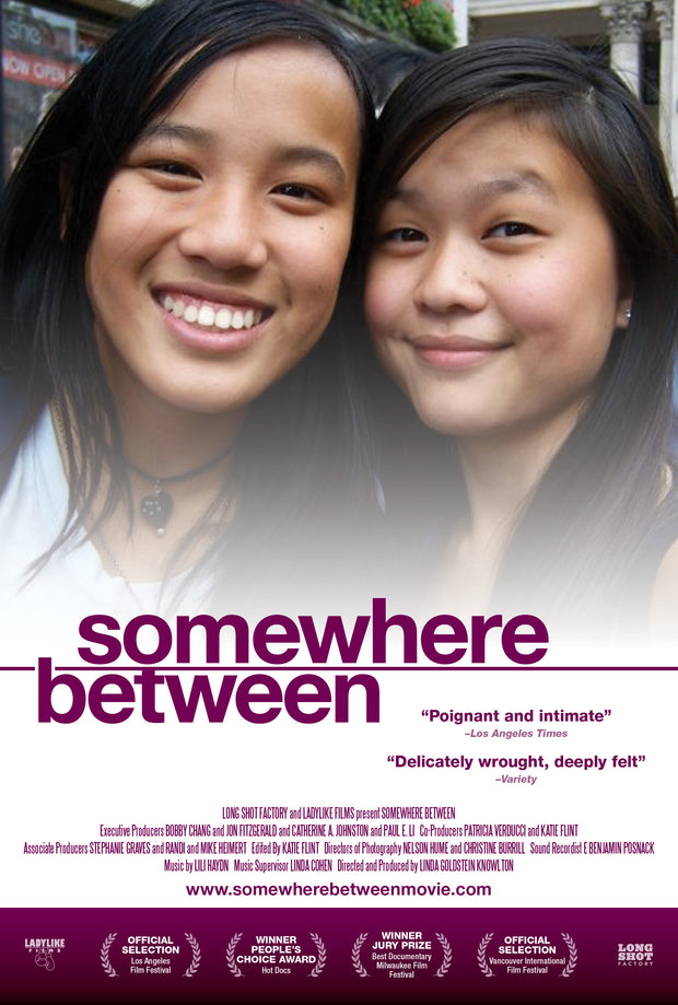 Film poster for "Somewhere Between" with two girls smiling.