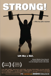 Film poster for "Strong!- Lift Like A Girl" with silhouette of woman lifting barbell.