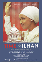 Film poster for "Time For Ilhan" with woman holding her hand up.