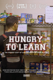 Film poster for "Hungry to Learn" with man reaching for canned food in pantry.