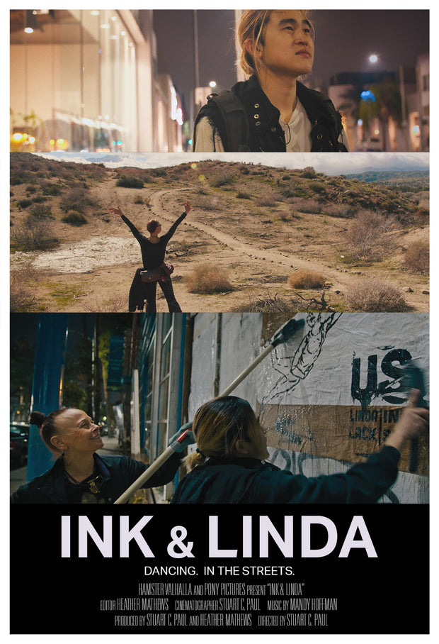 Film poster for "Ink & Linda" with picture collage of man and woman.