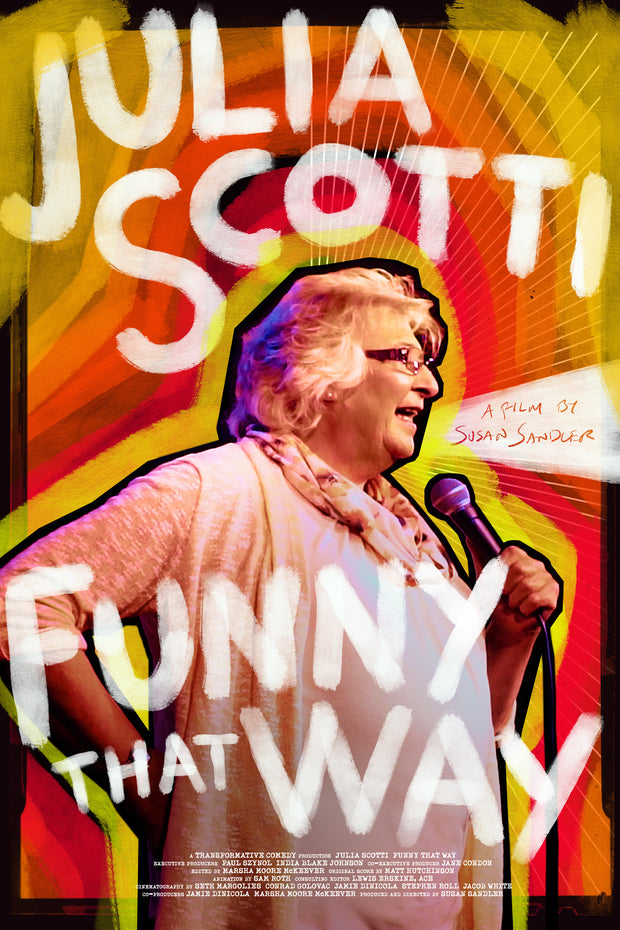 Film poster for "Julia Scotti: Funny That Way" with woman holding mic in yellow and red background.
