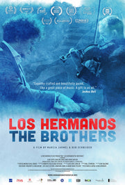 Film poster for "Los Hermanos/The Brothers" with pianist and violinist playing together in blue background.