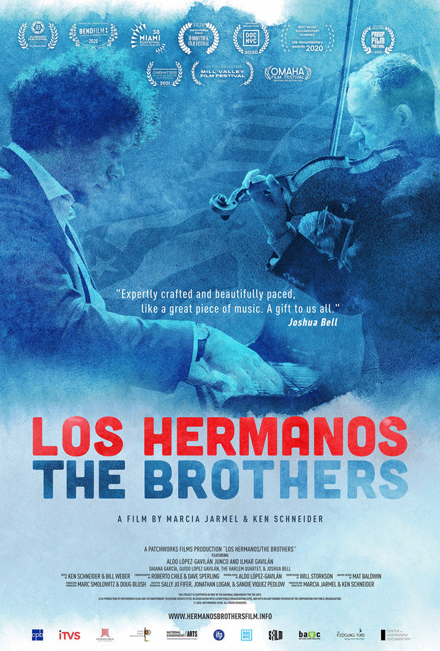Film poster for "Los Hermanos/The Brothers" with pianist and violinist playing together in blue background.