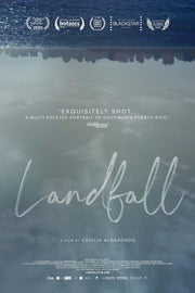 Film poster for "Landfall" with upside down image of city skyline.