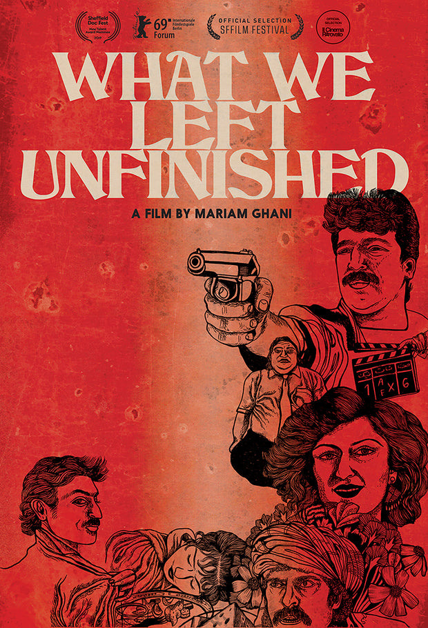 Film poster for "What We Left Unfinished" with drawings of actors on red background.