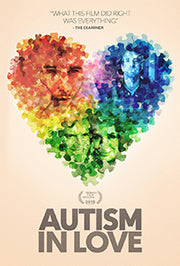 Film poster for "Autism In Love" with rainbow heart in center.