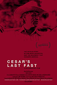 Film poster for "Cesar's Last Fast" in red with farmer on top.