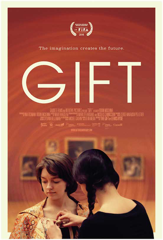 Film poster for "Gift" with woman being dressed in garments.
