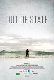 Film poster for "Out of State" with man standing in ocean.