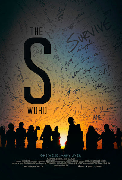 Film poster for "The S Word" with silhouettes of people and writings on blue and yellow background.