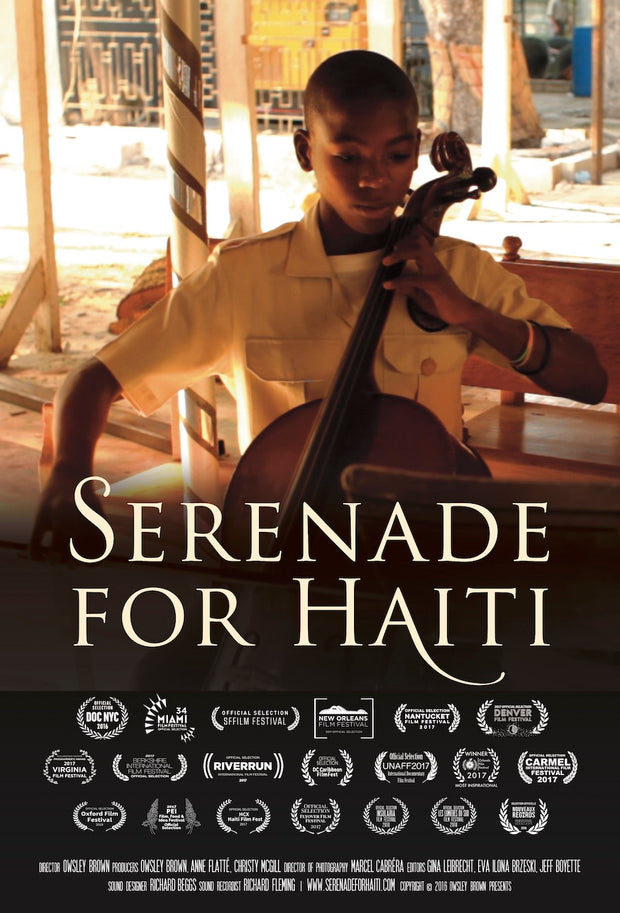 Film poster for "Serenade For Haiti" with kid playing cello.