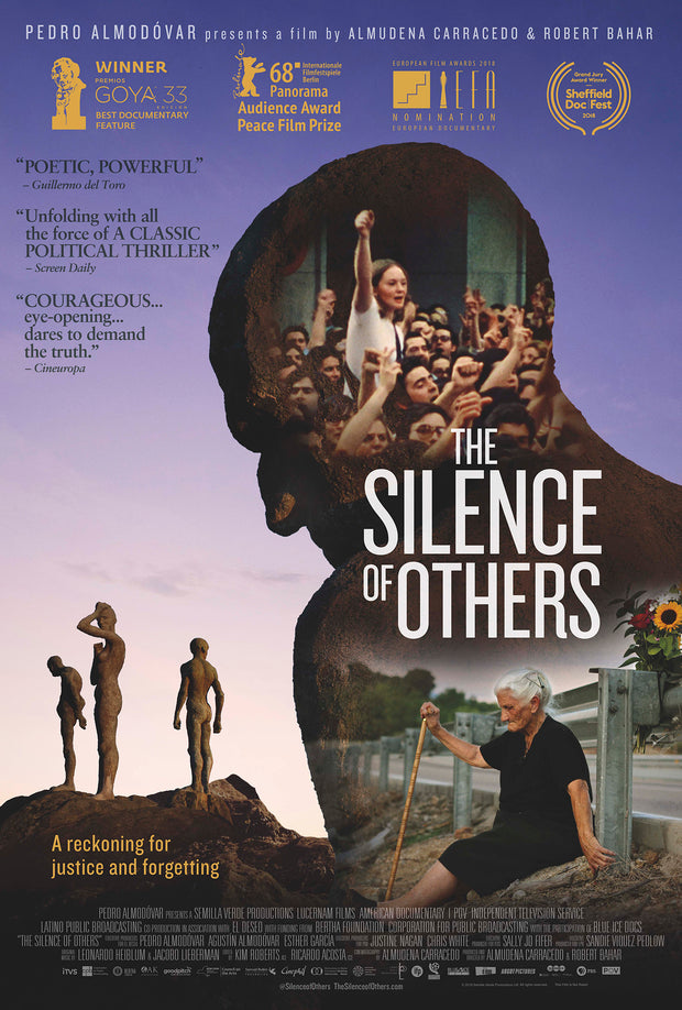 Film poster for "The Silence of Others" with group of people protesting and old lady sitting on side of the road with her cane.