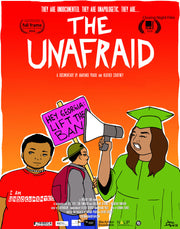 Film poster for "The Unafraid" with illustration of woman in grad uniform holding megaphone, man holding purple sign, and mad wearing a red shirt.