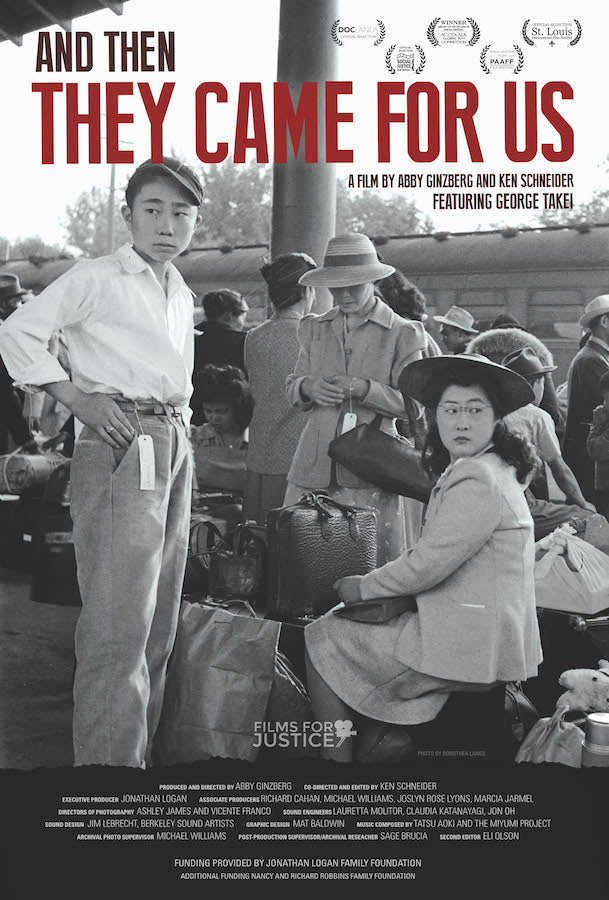 Film poster for "And Then They Came For Us" with mother and son at train station in black and white