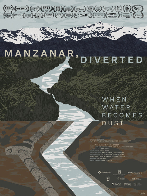 Film poster for "Manzanar Diverted: When Water Becomes Dust" with illustration of mountains, grassland and dirt.