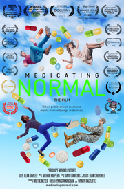 Film poster for "Medicating Normal" with people floating with pills in sky.