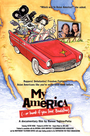 Film poster for "My America...or Honk if You Love Buddha" with illustration of woman in red car driving across United States.