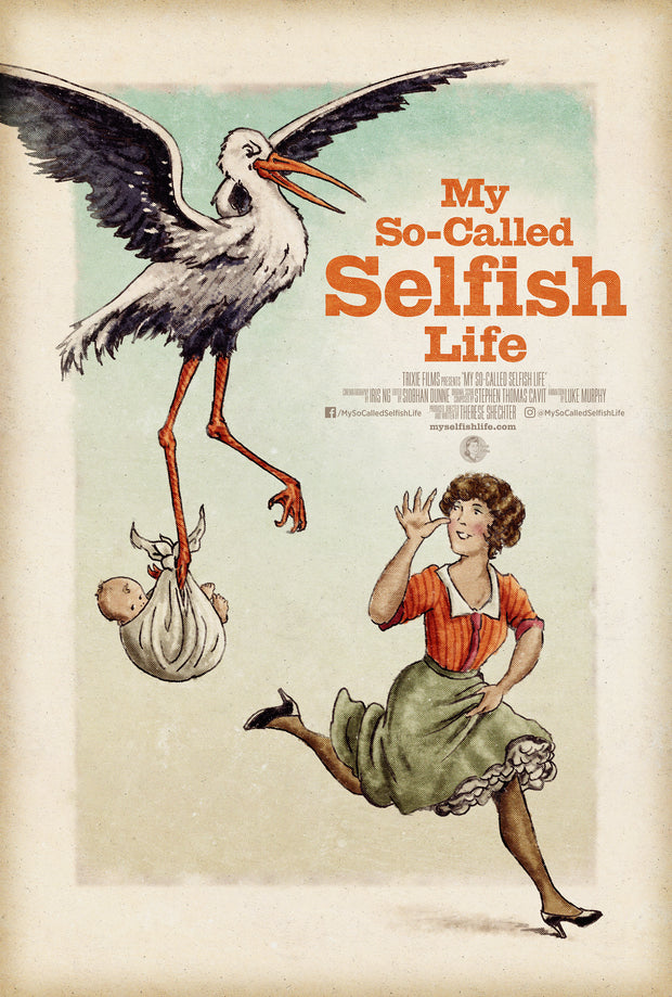 Film poster for "My So-Called Selfish Life" with illustration of a bird holding a baby and a woman running away.
