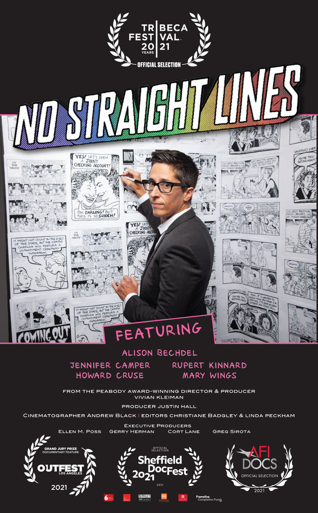 Movie poster for documentary "No Straight Lines" by Vivian Kleiman. Person in suit and glasses drawing on wall covered with comics. 
