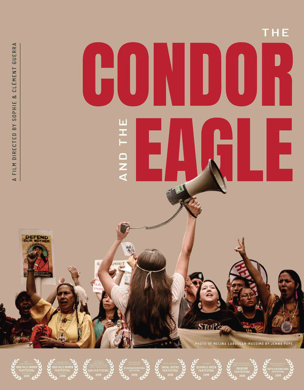 Film poster for "The Condor & The Eagle" with a woman holding a megaphone in a group of protestors.