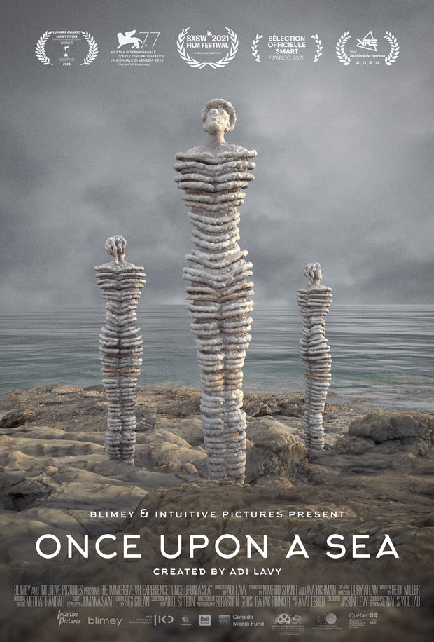 Film poster for "Once Upon A Sea" with statues in Dead Sea.