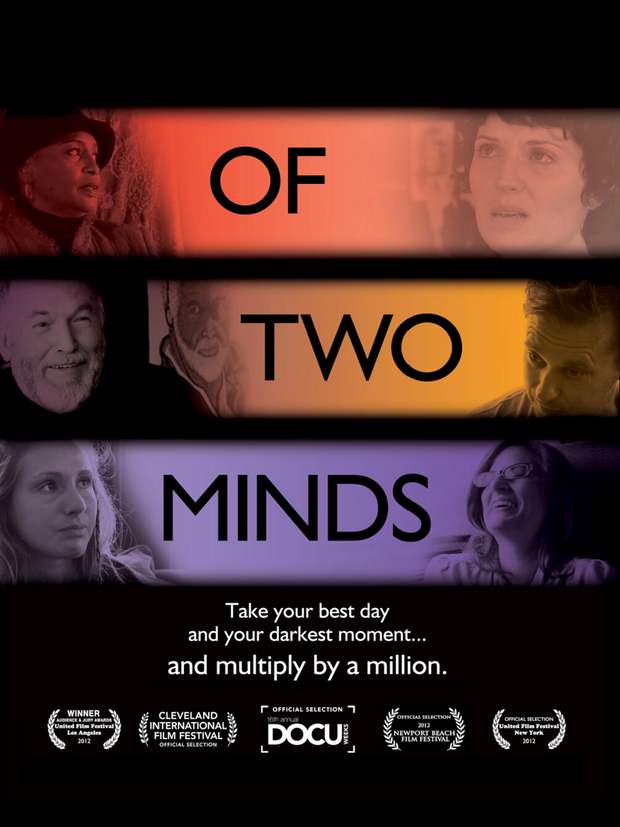 Film poster for "Of Two Minds" with close up of people with different emotions.