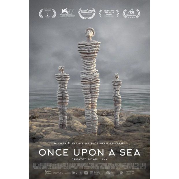 Film poster for "Once Upon A Sea" with statues in Dead Sea.