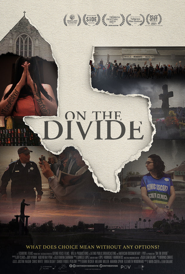 Film poster for "On The Divide" with images surrounding map of Texas.
