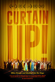 Film poster for "Curtain Up!" with large yellow curtain and kids performing.