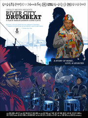 Film poster for "River City Drumbeat" with illustrations of band members.