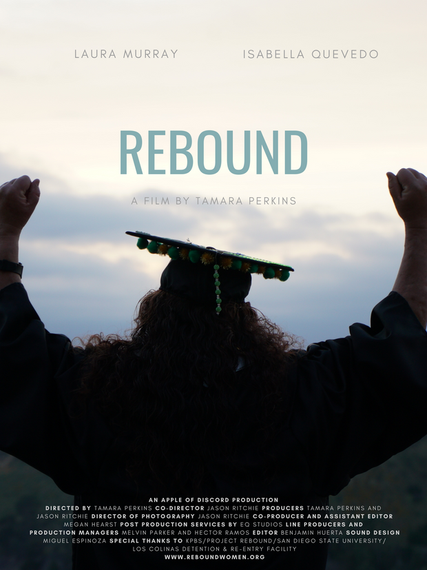 Film poster for "Rebound" with back of woman graduating.