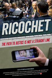 Film poster for "Ricochet" with lawyer talking to press and news headline of Zaraté vs. Steinle case