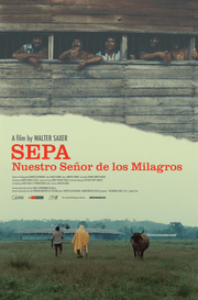 Film poster for "Sepa, Nuestro Señor De Los Milagros" with men behind wooden bars and two people walking with animal on grassland.