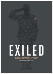 Film poster for "Exiled" with soldier saluting in gray background.