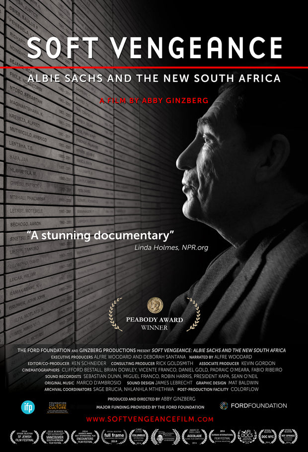 Film poster for "Soft Vengeance: Albie Sachs and the New South Africa" with side profile of Albie Sachs in black and white.