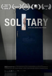 Film poster for "Solitary" with prisoner standing behind blue prison door.