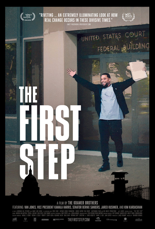 Film poster for "The First Step" with man raising his hands up outside court buliding.