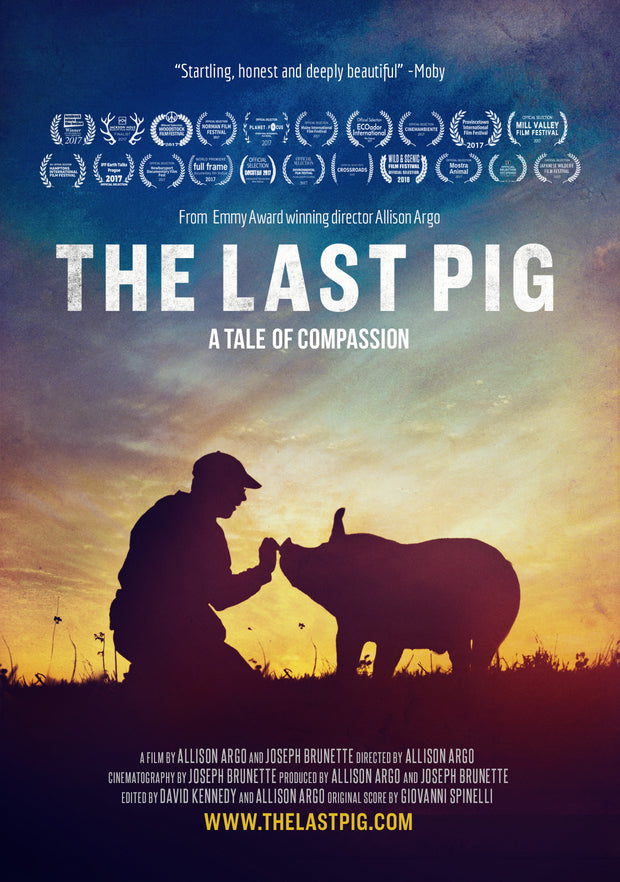 Film poster for "The Last Pig" with silhouette of a man and a pig.
