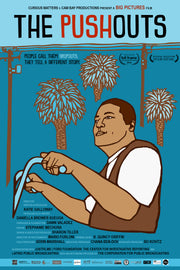 Film poster for "The Pushouts" with illustration of man riding bike among palm trees.