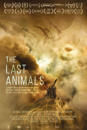 Film poster for "The Last Animals" with rhino and brown smoke.