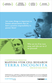 Film poster for "Mapping Stem Cell Research" with close up of man and close up of woman holding test tube.