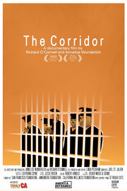 Film poster for "The Corridor" with people wearing graduation caps and gowns behind a jail bar.